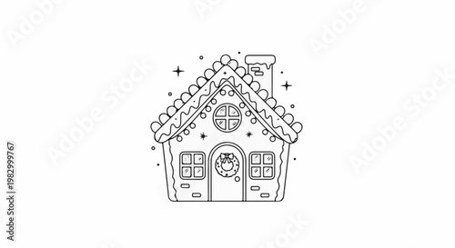 Outline of a whimsical gingerbread house with festive details like icing and stars