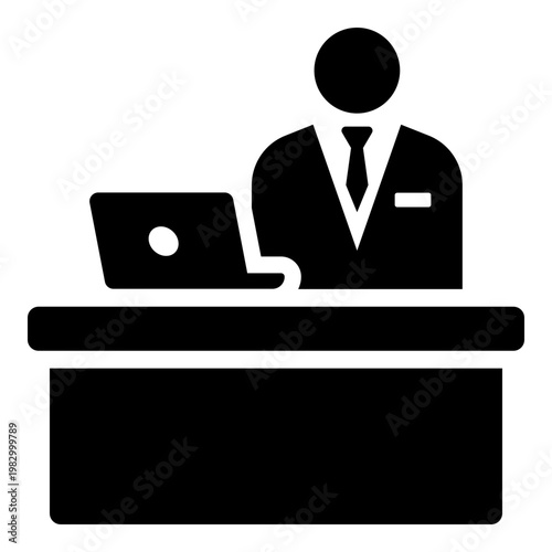 Reception icon with staff and laptop on the desk, symbolizing hotel check-in and guest services. Bold solid vector for concierge, front desk, and customer service.