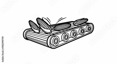 Corn cobs on a conveyor belt, black and white outline illustration