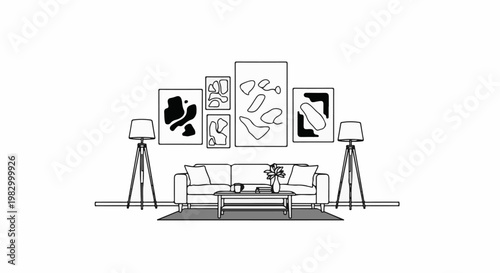 Minimalist living room with sofa, coffee table, abstract art and lamps