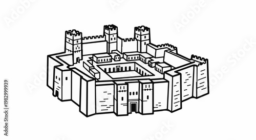 Medieval fortress with multiple towers and a central courtyard, depicted in black and white