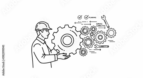 Engineer with gears, planning, and corrective service symbols