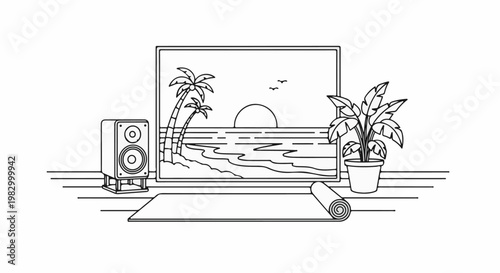 Relaxing scene with beach view on screen, speaker, and yoga mat