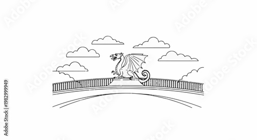 Dragon sculpture on bridge, cloudy sky