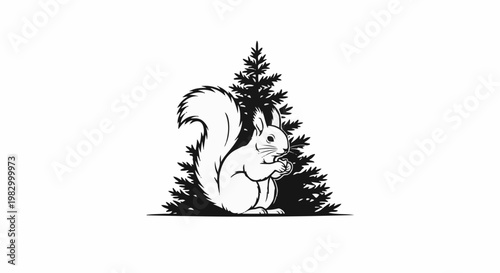 A stylized black and white illustration of a squirrel holding a nut