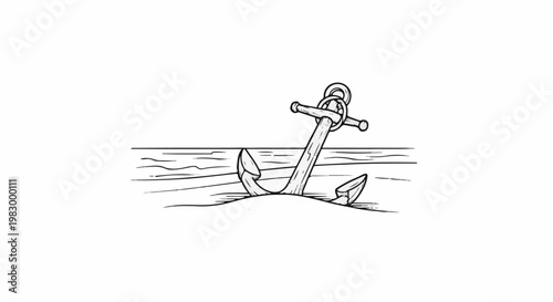 Sketch of an anchor half-buried in sand beside a wooden dock