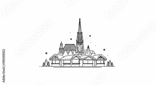 Outline of a winter market with stalls and a church spire under snowflakes