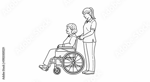 A person in a wheelchair is being pushed by a caregiver