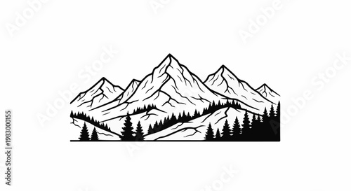Stylized black and white depiction of a mountain range with pine trees