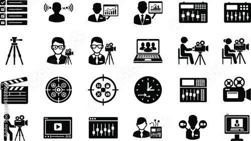 Media Production and Video Editing Icons, Filmmaking, Camera, Teamwork, Editing Software, Broadcast