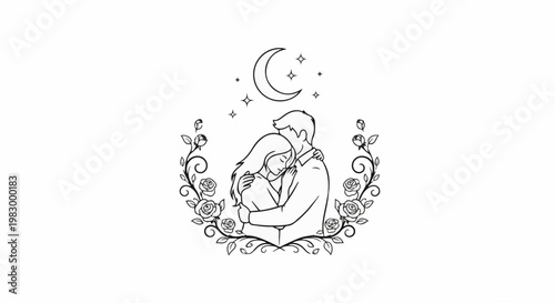 Couple embracing under moon and stars, framed by roses
