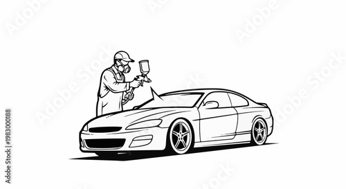 Person in protective gear sprays a car with paint, black and white illustration