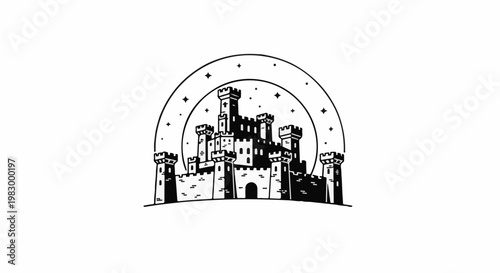 Stylized black and white illustration of a medieval castle under a starry arch