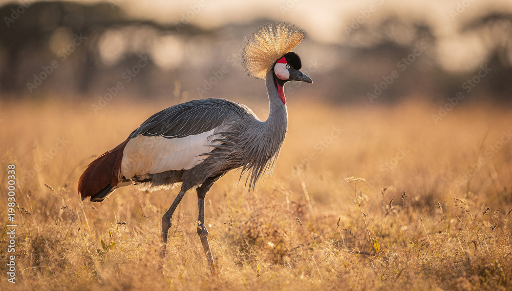 Obraz premium Majestic crowned avian, with its distinctive crest and colorful facial patterns, stands gracefully in a sun-drenched savanna, embodying wild beauty and tranquility