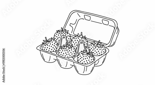 Six ripe strawberries sit in a carton with the lid open