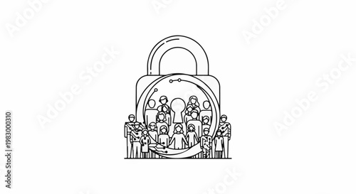 A group of people stand behind a large padlock with a keyhole