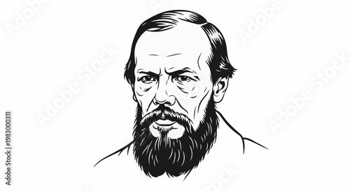 Black and white portrait of a stern, bearded man with receding hairline