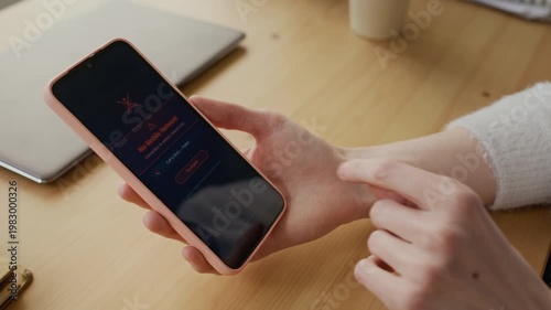 Close-up of hand of anonymous young woman holding smartphone displaying red lost mobile coverage notification, unable to make phone call due to network signal disruption