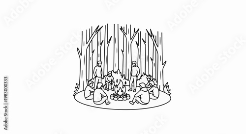 A group of people sitting around a campfire in a forest clearing
