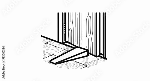Stylized line drawing shows a wooden door and floor with a doorstop