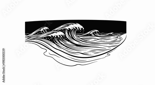 Stylized black and white illustration of crashing ocean waves under a dark sky