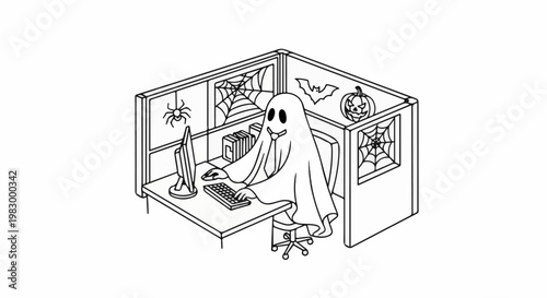 A ghost in office attire works at a computer in a cubicle decorated for Halloween