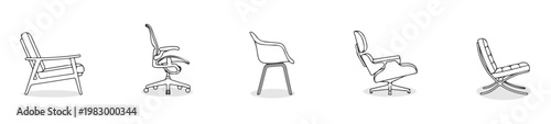 Side View Modern Designer Chairs Vector Set, Side Elevation Minimalist Furniture Outlines with White Fill for Interior Sections and Architectural Drafting