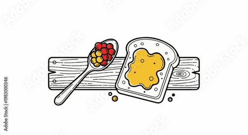 Spoonful of berries and jam on toast on wooden surface