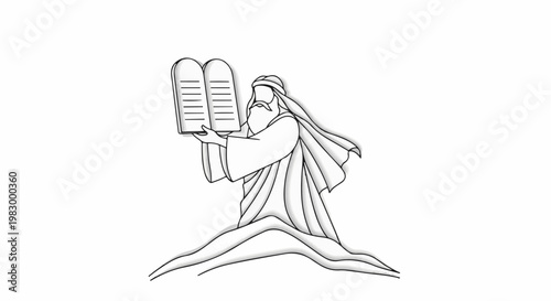 A figure holds up two stone tablets with inscribed lines, wearing a robe