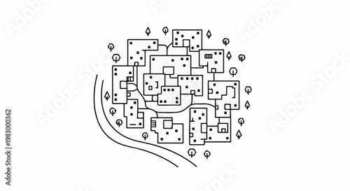 Stylized map of interconnected buildings with trees and road