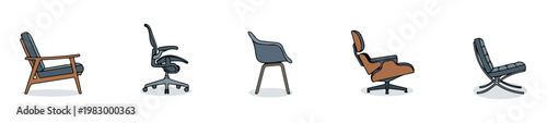 Side View Modern Designer Chairs Vector Set, Side Elevation Mid-Century Furniture Collection for Interior Section Plans, Office and Home Design, Flat Minimal Style