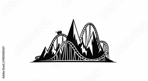 Silhouette of a thrilling roller coaster winding through jagged mountain peaks