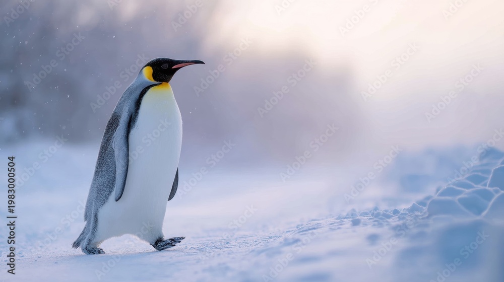Fototapeta premium Emperor penguin walking on ice in Antarctica. Wildlife in frozen landscape with snow. Beautiful polar bird in natural habitat. Cold weather climate and nature conservation concept.