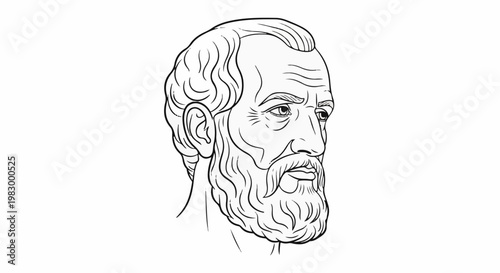 An outline sketch of a bearded man's head in profile, looking right
