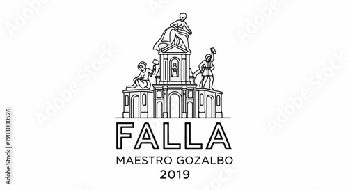 Artistic monument design with sculpted figures and bold text