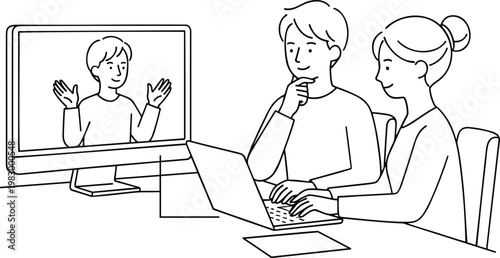 Professional colleagues having a video conference call on a computer screen representing remote work virtual collaboration and hybrid office teamwork line art vector.
