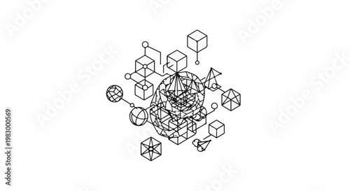 Abstract geometric network of interconnected shapes and forms