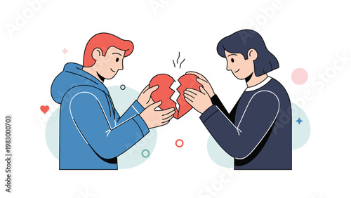 Young couple working together to mend a broken red heart symbol to represent reconciliation and healing in relationships.