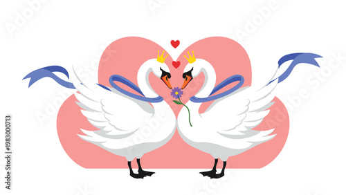 Two elegant white swans wearing golden crowns and holding a purple flower between them against a large pink heart.