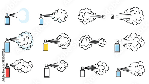 Collection of colorful spray can icons with various mist and cloud patterns for painting, cleaning, or cosmetic use.