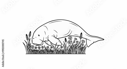 A simple line drawing of a marine mammal resting among coastal plants and flowers
