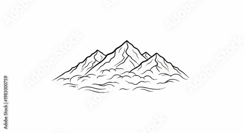 Stylized black and white outline drawing of multiple mountain peaks