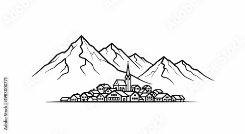 Stylized drawing of a mountain village with a church