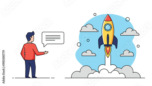 Ambitious man watches a powerful rocket ship launching into the sky to represent a successful business startup or project.