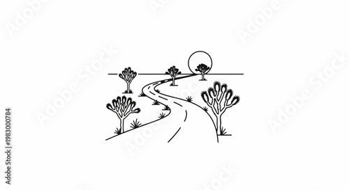 Winding desert road lined with abstract trees under a circle