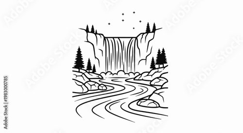 Stylized black and white illustration of a waterfall cascading into a winding river