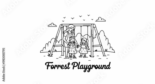 A mother watches her two daughters at a park swing set under a cloudy sky with birds