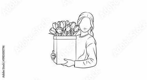 Stylized drawing of a person holding a box overflowing with tulips