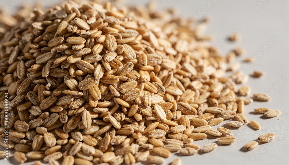 Obraz premium Close-up detail of bulk dry oat groats showcasing their natural texture and healthy grain quality, ideal for culinary, breakfast, and food industry designs
