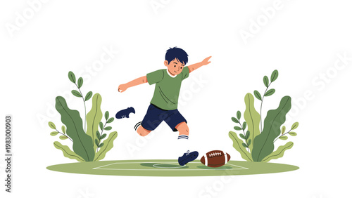 Active young boy jumping to kick a brown football on a green field with lush plants in the background.